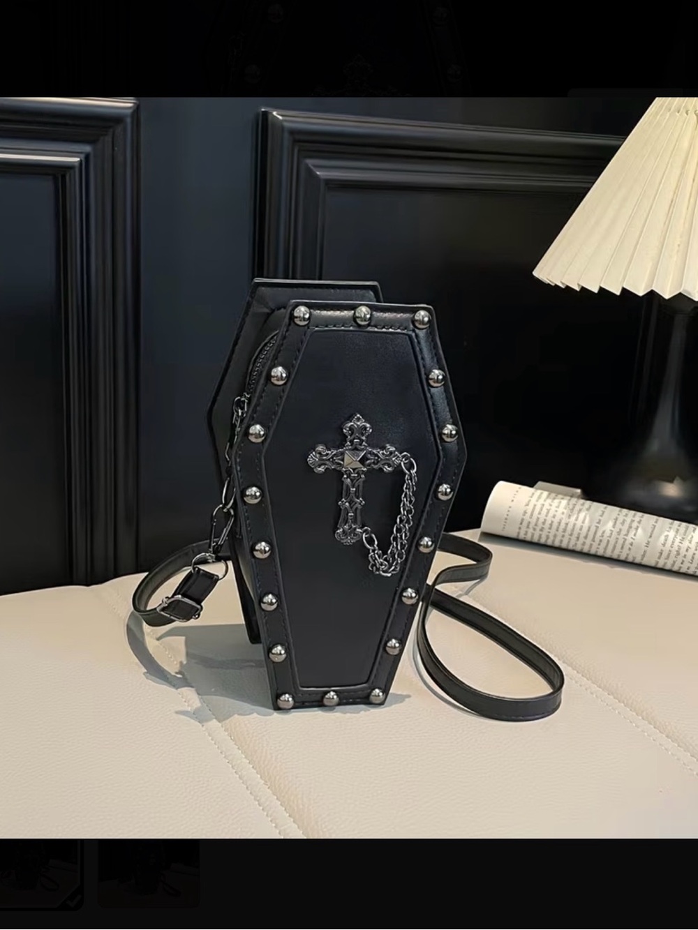 Coffin Cross Accent Black Faux Leather Crossbody Bag New